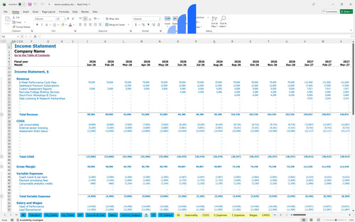 tennis academy financial model income statement bplant