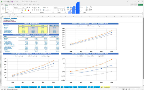 tennis academy financial model scenarios analysis bplant