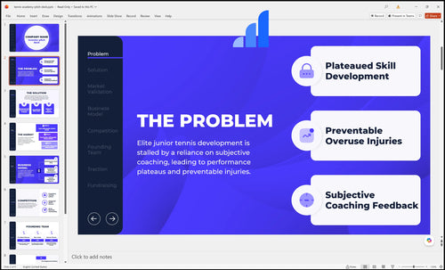 tennis academy pitch deck problem slide bplant