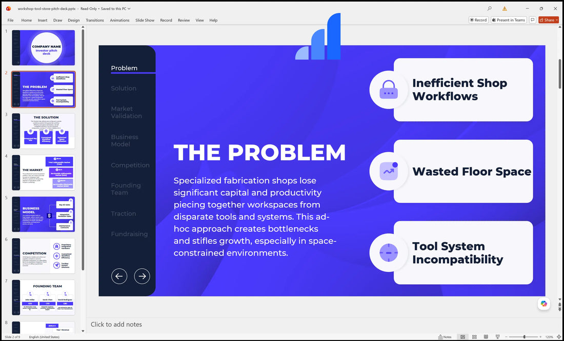 Workshop Tool Store Pitch Deck Problem Slide Bplant