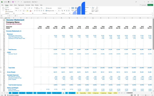 yoga studio financial model income statement bplant