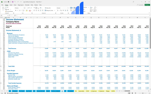 yoga wellness boutique financial model income statement bplant