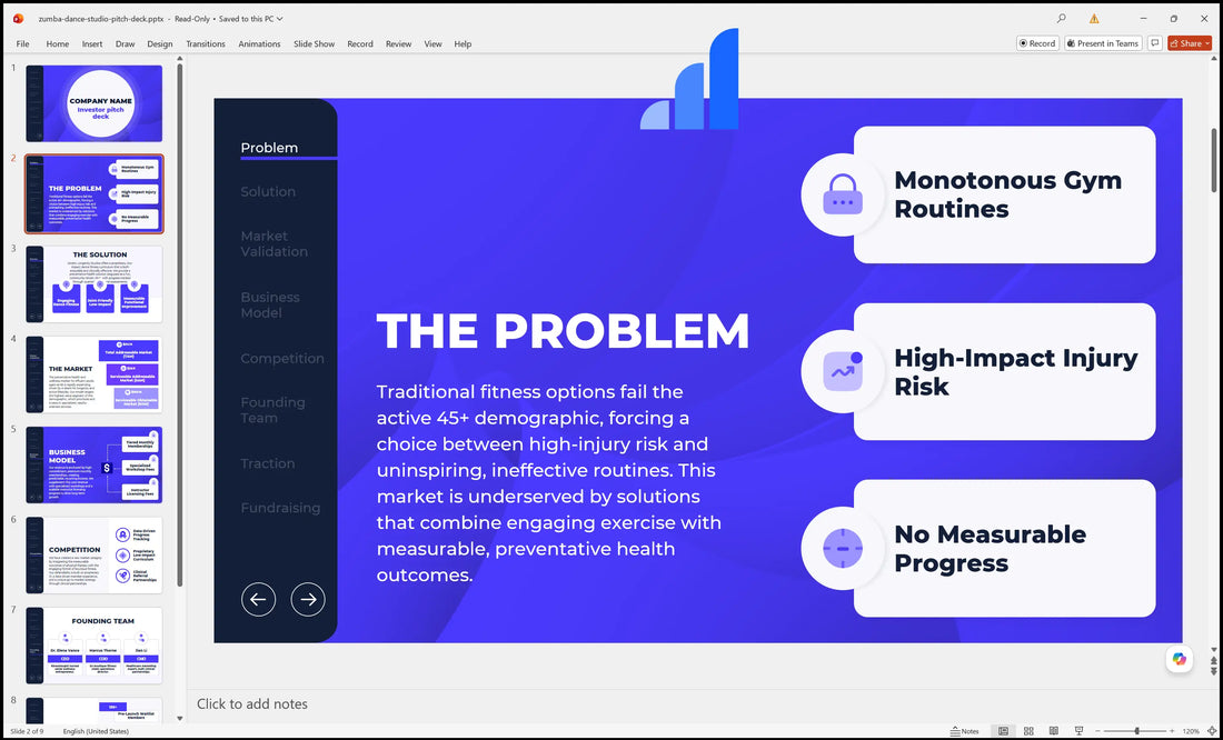 Zumba Dance Studio Pitch Deck Problem Slide Bplant
